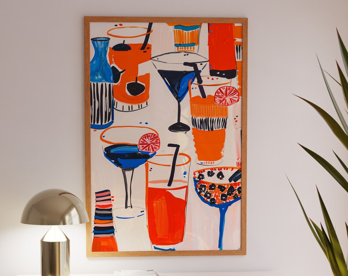 Orange and Blue Cocktail Illustration Martini Highball Bar Poster