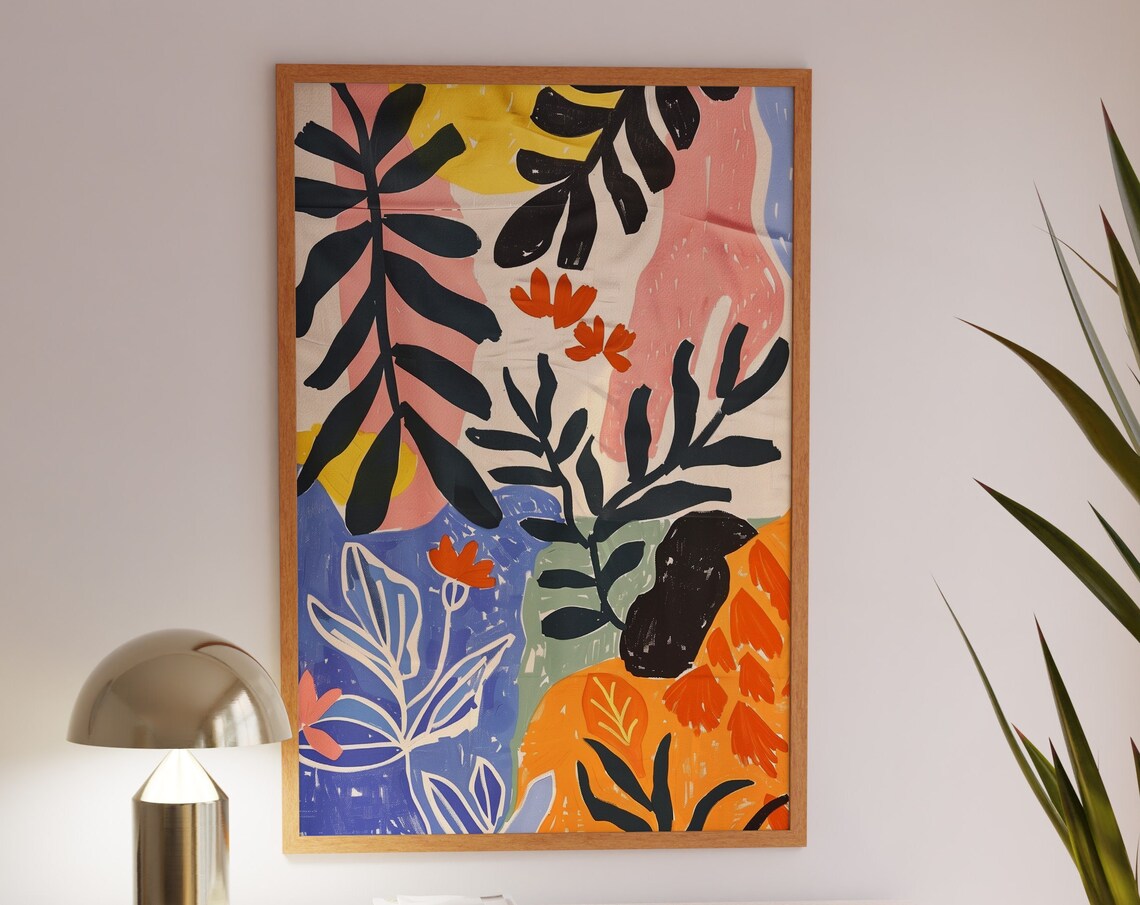 Tropical Leaves Black Fronds Orange Blooms Abstract Wall Art