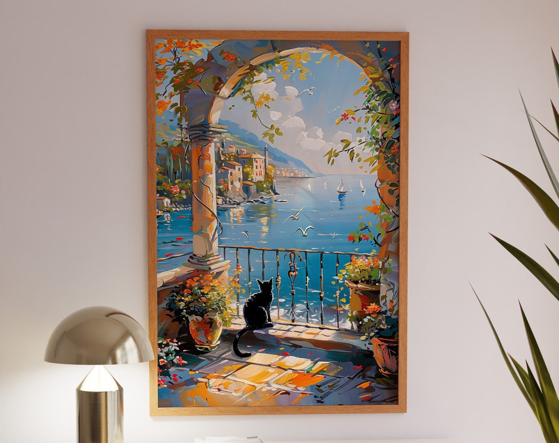Black Cat Sitting on a Sunny Terrace Overlooking the Blue Sea Poster