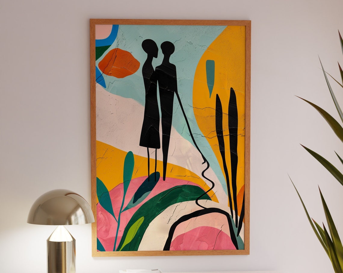 Modern Couple Silhouette Botanical Love Theme Abstract Wall Art