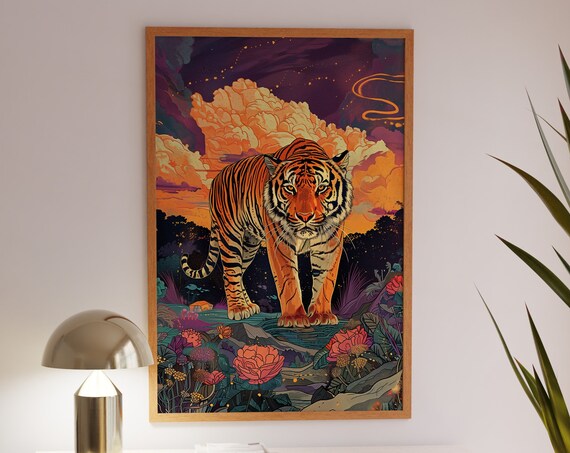 Tiger Walking Through a Vibrant Night Jungle with Flowers Poster