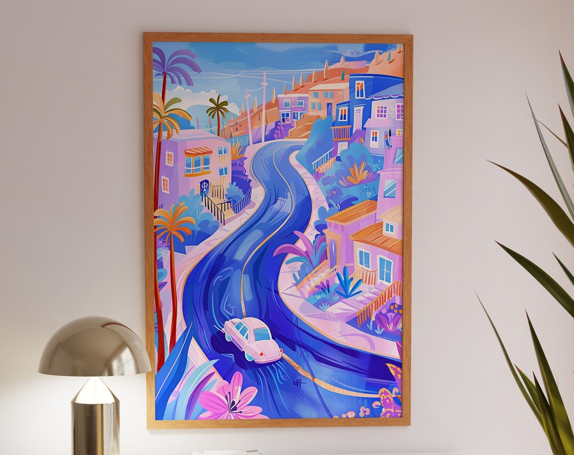 Winding Blue Coastal Road Pink Classic Car Hillside Travel Poster