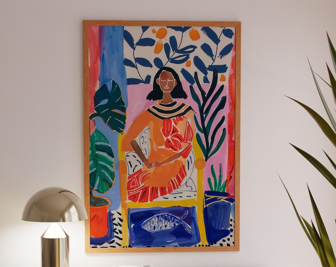 Seated Woman in Orange Dress With Plants Folk Art Portrait Poster