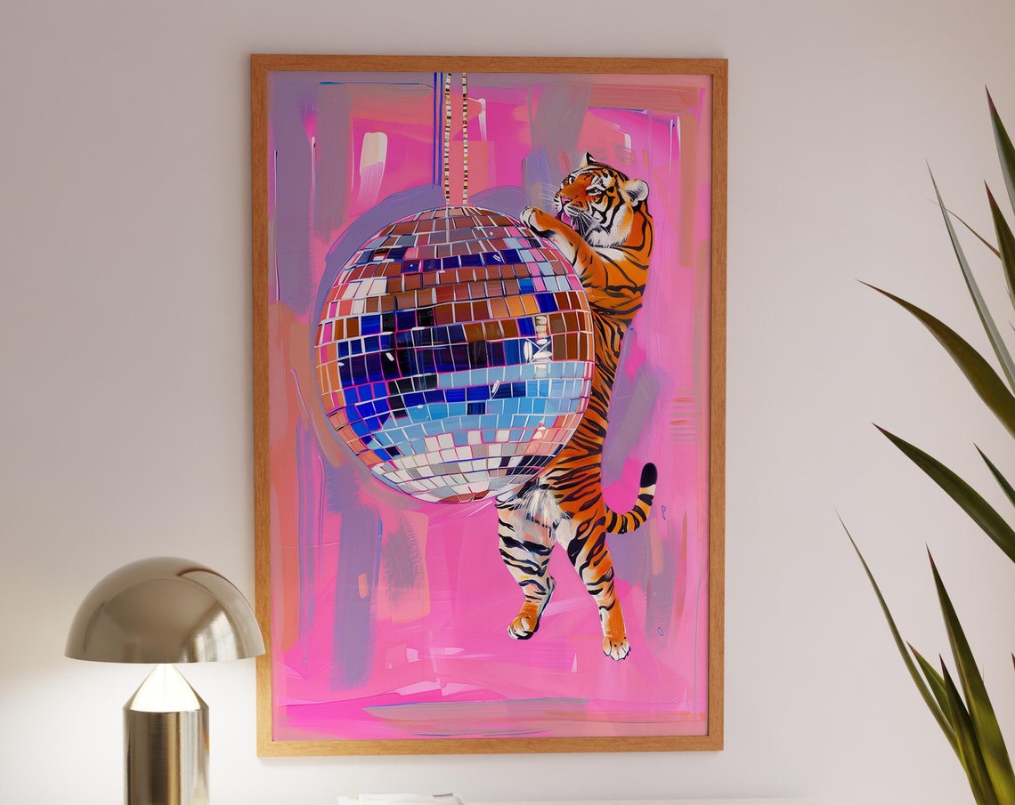 Tiger On Hanging Disco Ball Art Print Vibrant Pink Background Unique Modern Wall Decor Animal And Disco Theme Bold Home Decor