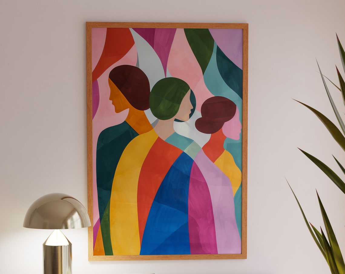 Three Women Profiles Overlapping Bold Color Blocks Modern Poster