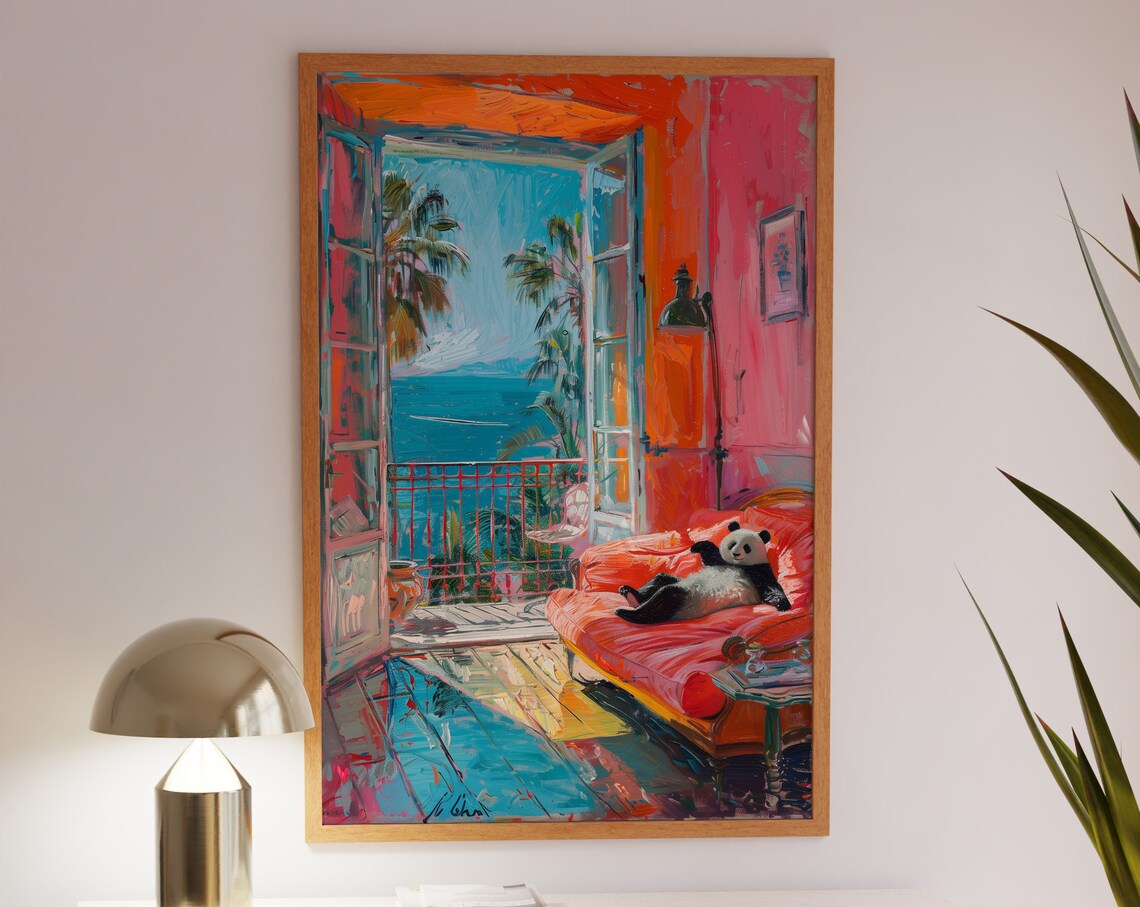 Lounging Panda On Balcony Sofa Poster In Fauvist Seaside View