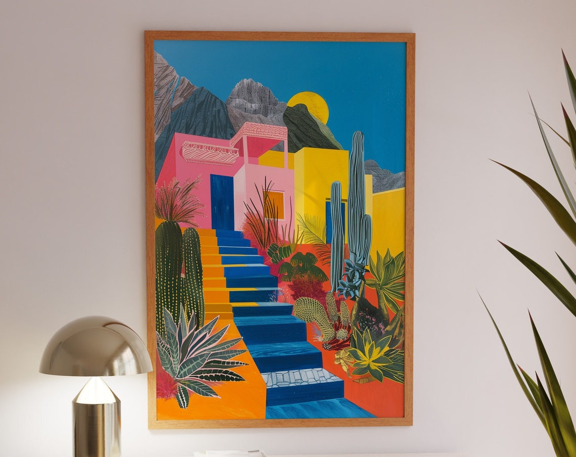 Colorful Desert Adobe House With Cacti Southwest Boho Landscape Poster