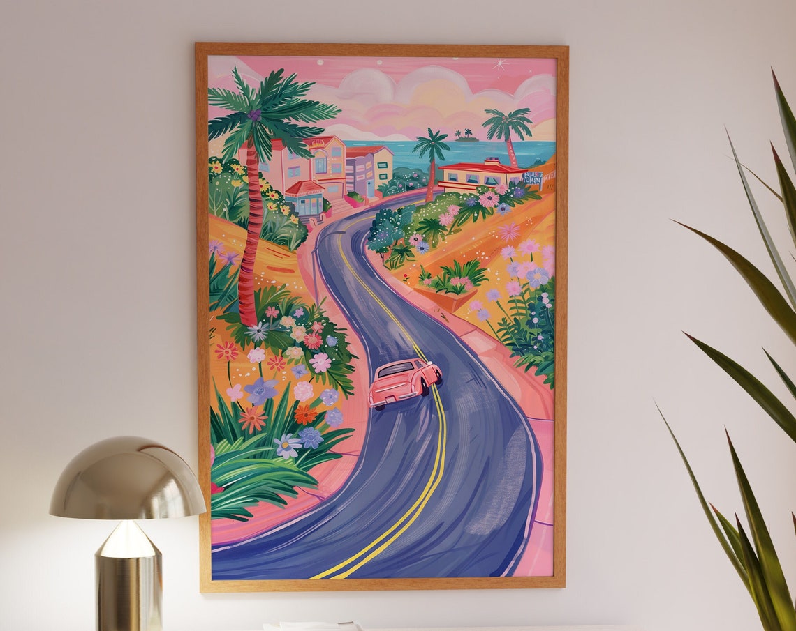 Coastal Road Drive Pink Vintage Car Palm Trees Seaside Travel Poster