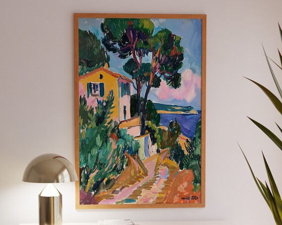 Charming Yellow Coastal House Among Pines on a Sunny Path Poster