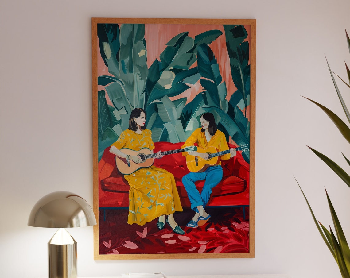 Two Women Playing Guitars Red Sofa Botanical Music Art Print