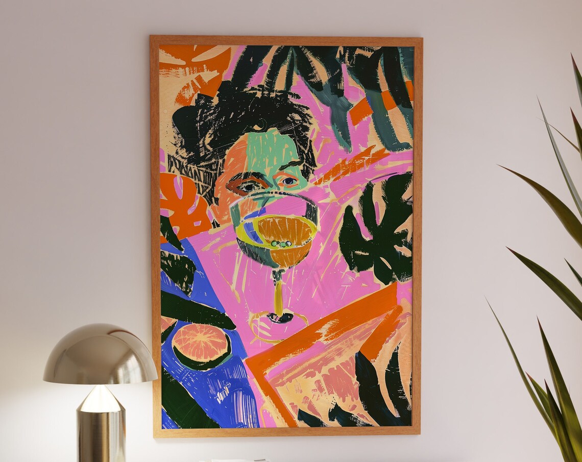 Woman Drinking Orange Cocktail Tropical Leaves Abstract Art Print