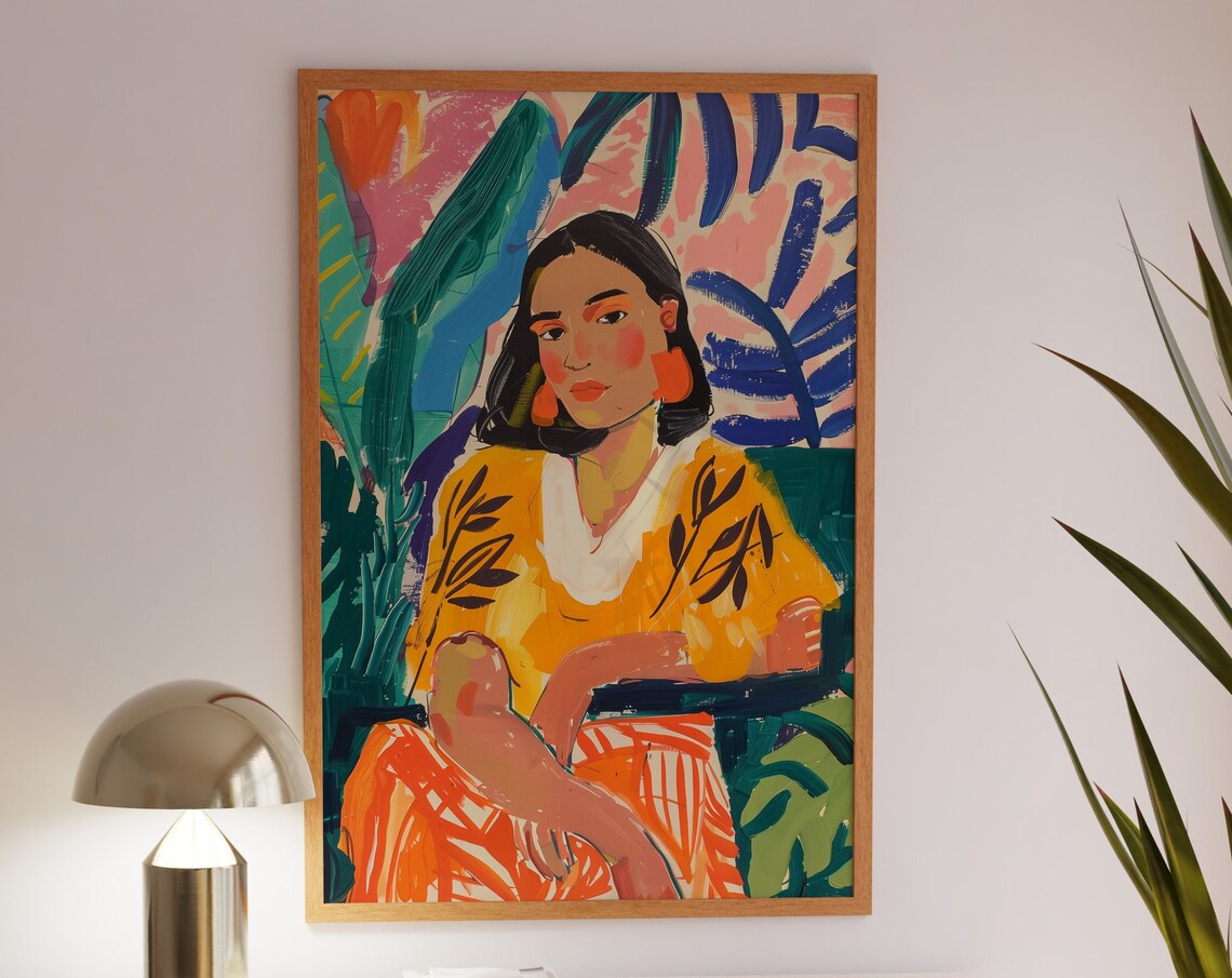 Vibrant Tropical Portrait of a Woman with Bold Green Leaves Poster