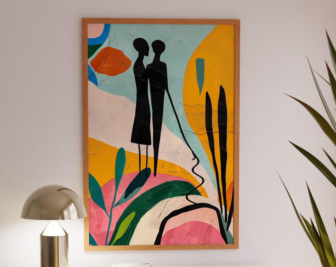 Embracing Couple Black Silhouette Colorful Abstract Garden Poster
