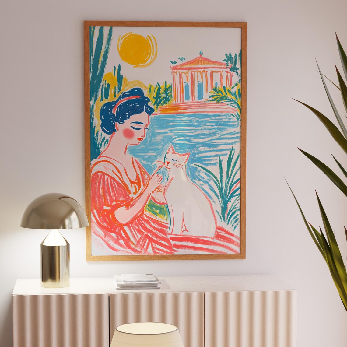 Woman With White Cat by Mediterranean Temple Sunny Illustration Poster
