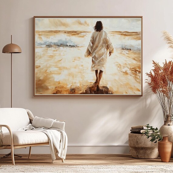 Jesus Walking Away On Golden Water Christian Art Painting Poster