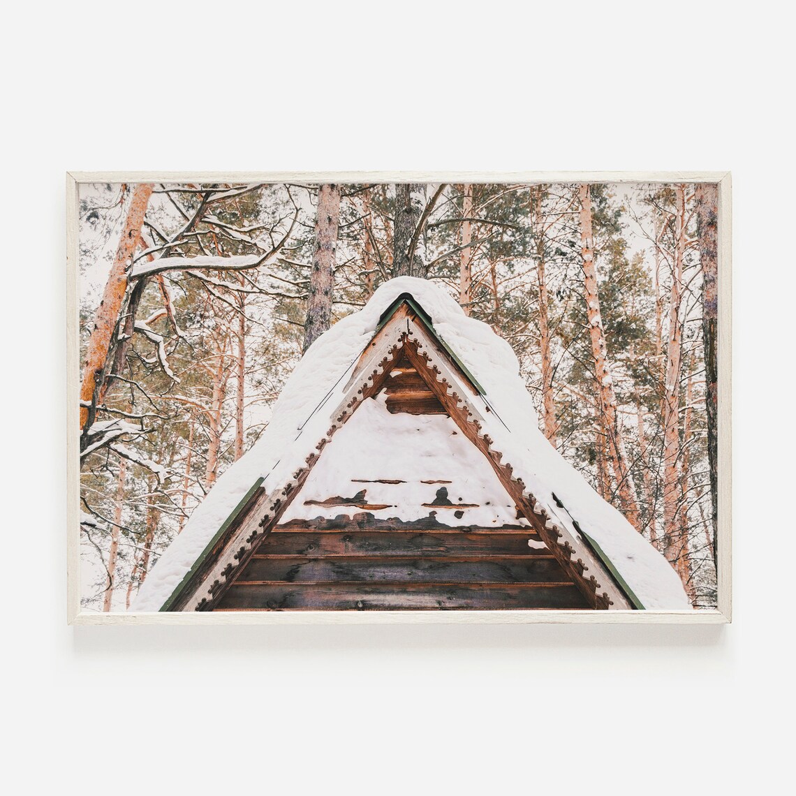 Snow Covered Log Cabin Roof in Winter Forest Cozy Rustic Photography Poster