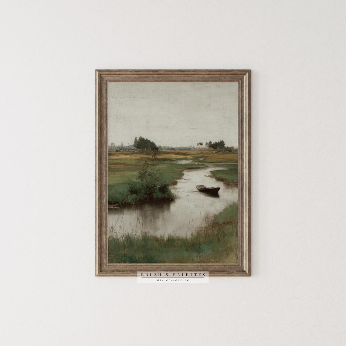 Dutch River Wetland Landscape Lone Boat Neutral Oil Painting Poster - Image 3