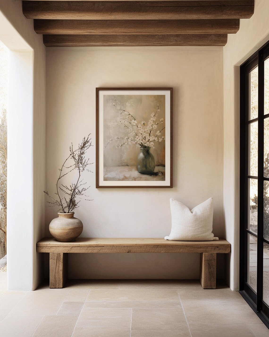 White Blossom Stems in Green Glass Vase Neutral Still Life Poster - Image 3