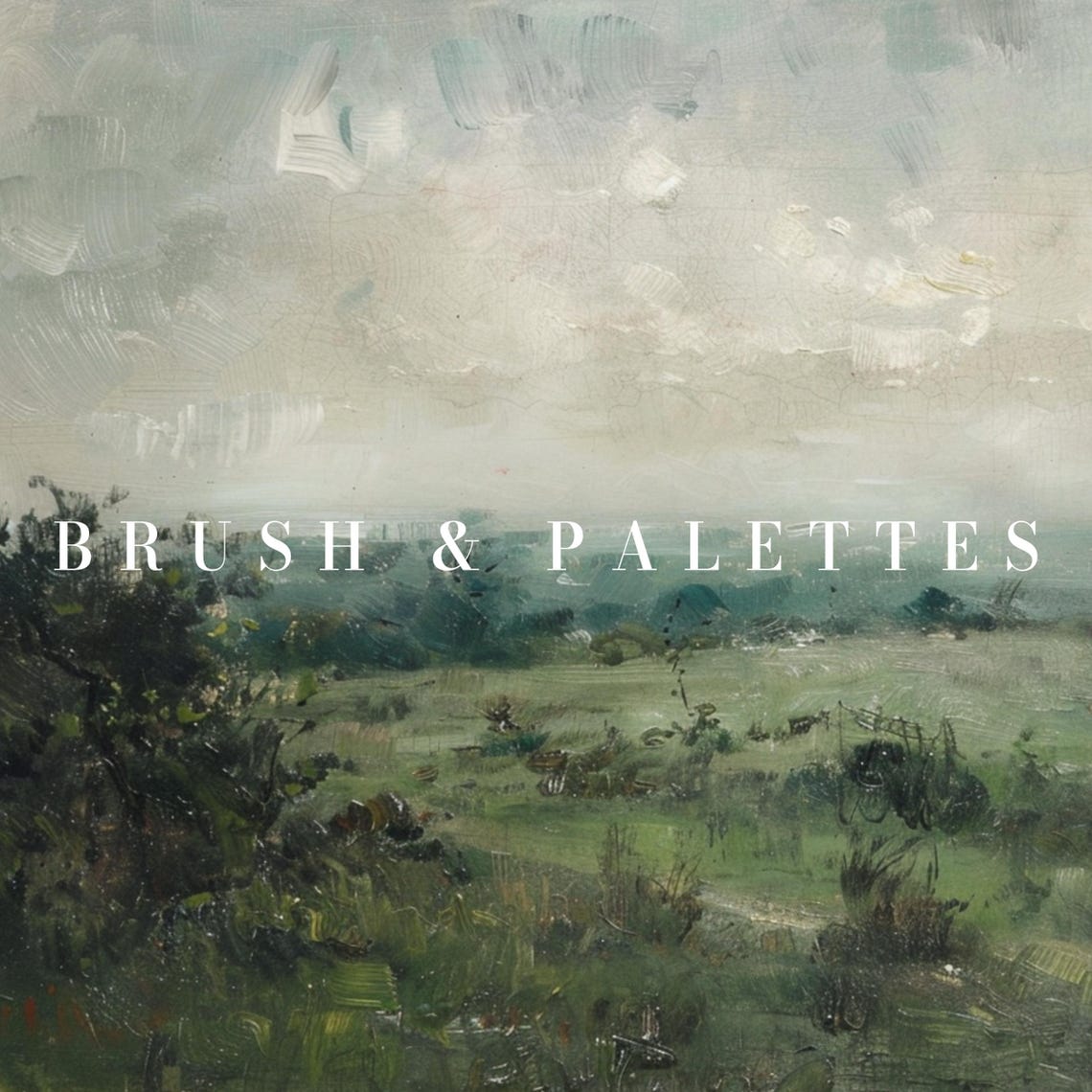 Misty Green Field Under Pale Sky Moody Oil Landscape Painting Poster - Image 2