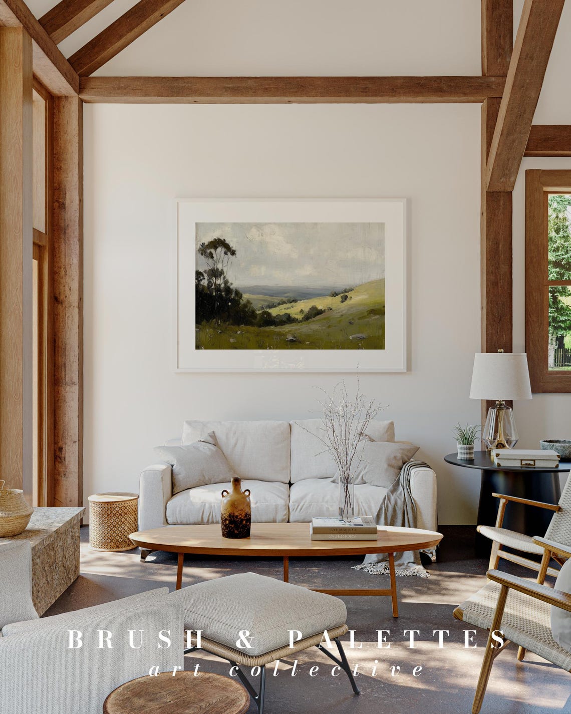 Green Rolling Hills Painting Sunlit Valley Landscape Wall Poster - Image 2