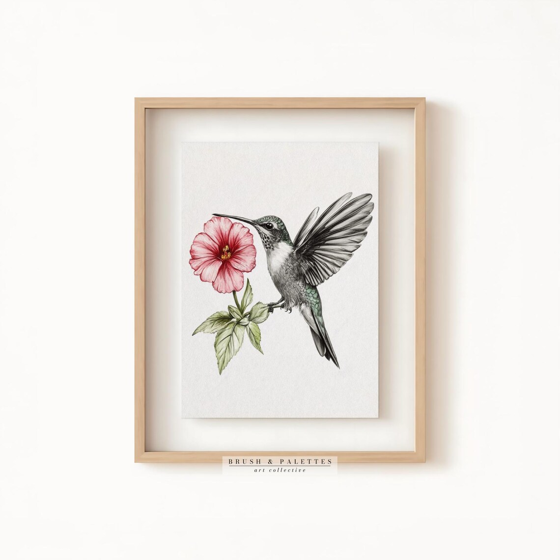 Hummingbird Pink Hibiscus Flower Pencil Sketch Botanical Bird Poster - Image 3