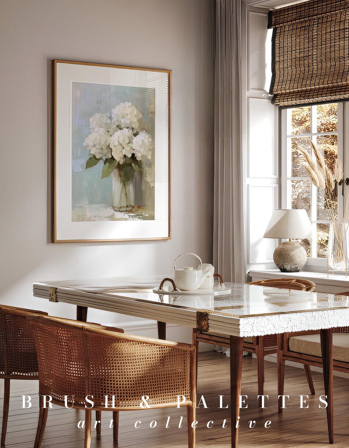 White Hydrangea In Glass Vase Soft Floral Still Life Painting Poster - Image 3