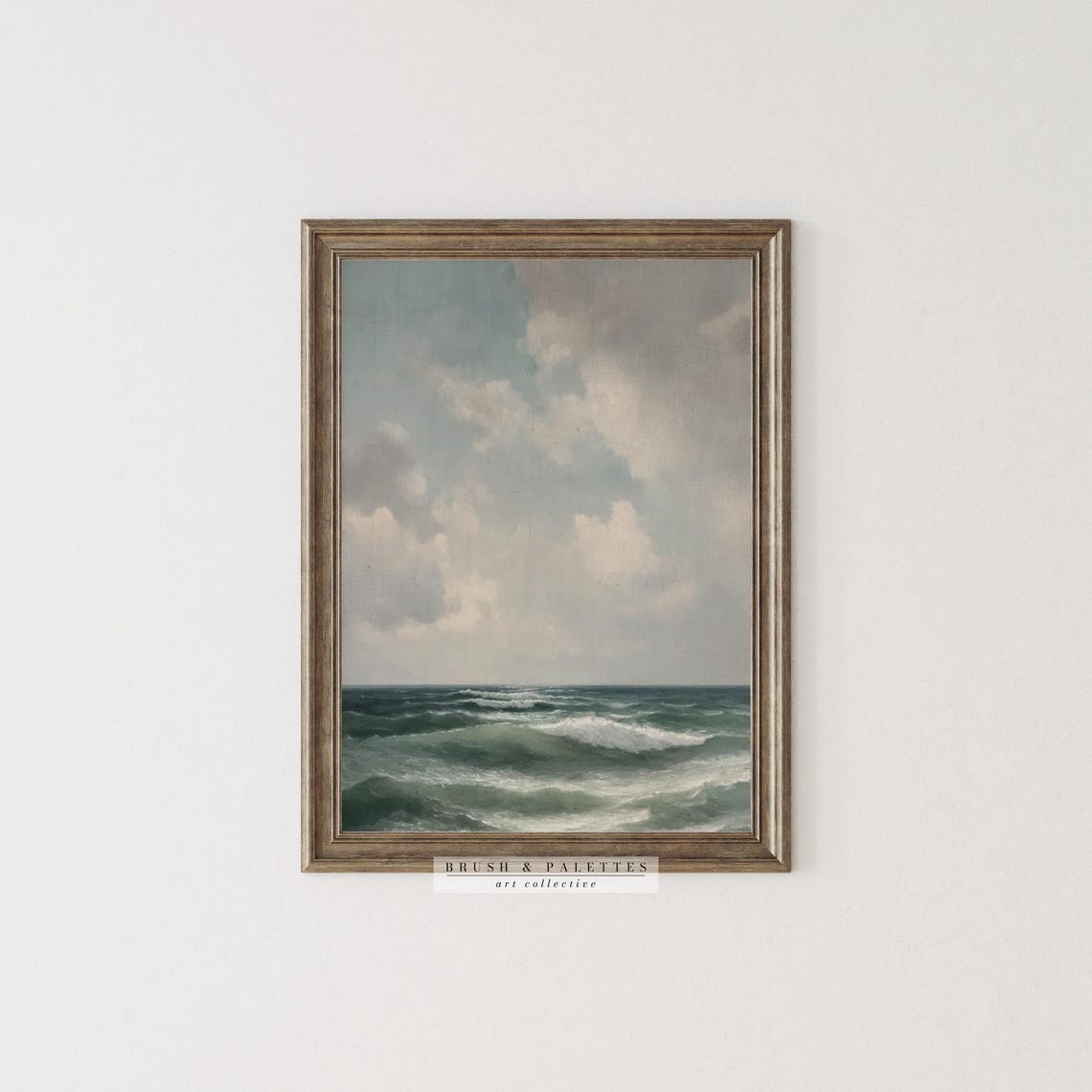 Muted Vintage Ocean Waves Seascape Cloudy Sky Coastal Painting Poster - Image 3