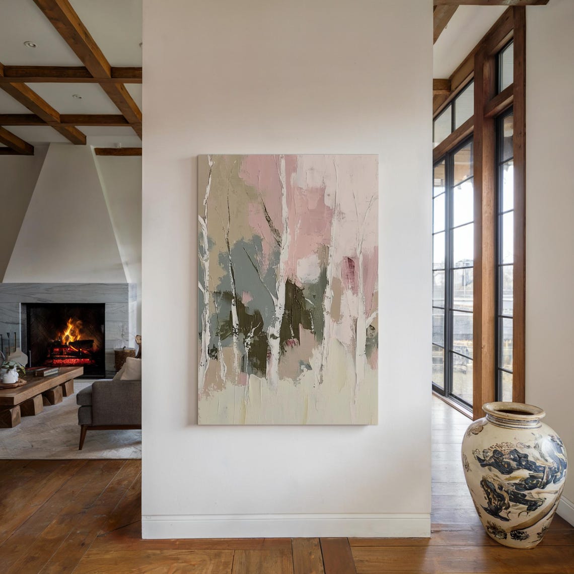 Blush Pink Birch Tree Forest Abstract Painting Soft Texture Wall Art - Image 3
