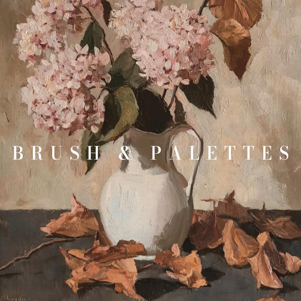 Pink Hydrangeas In White Pitcher Autumn Leaves Still Life Poster - Image 2