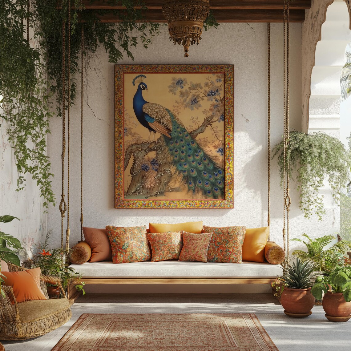 Majestic Peacock On Blossoming Branch Gold Asian Style Ethnic Poster - Image 2
