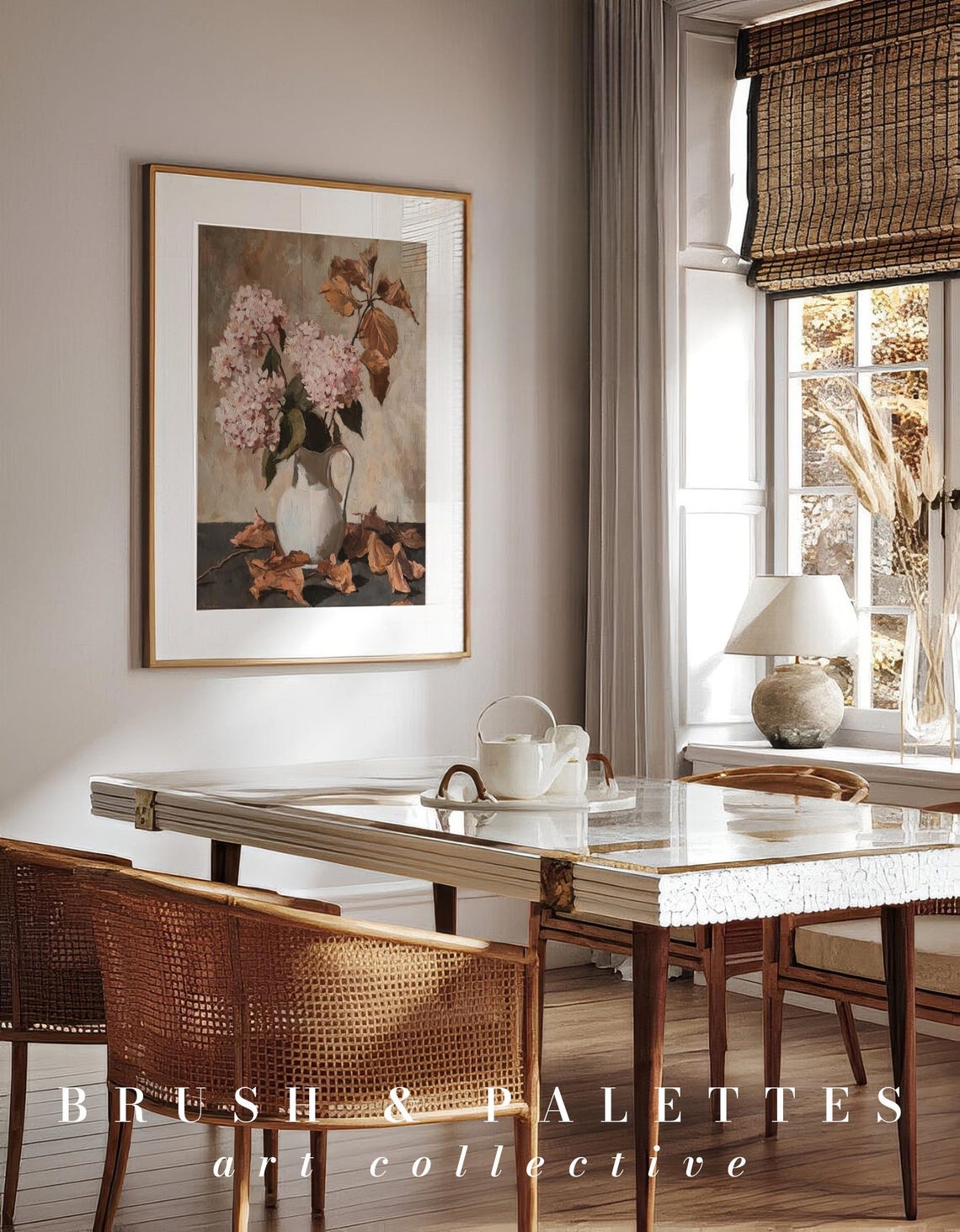 Pink Hydrangeas In White Pitcher Autumn Leaves Still Life Poster - Image 3