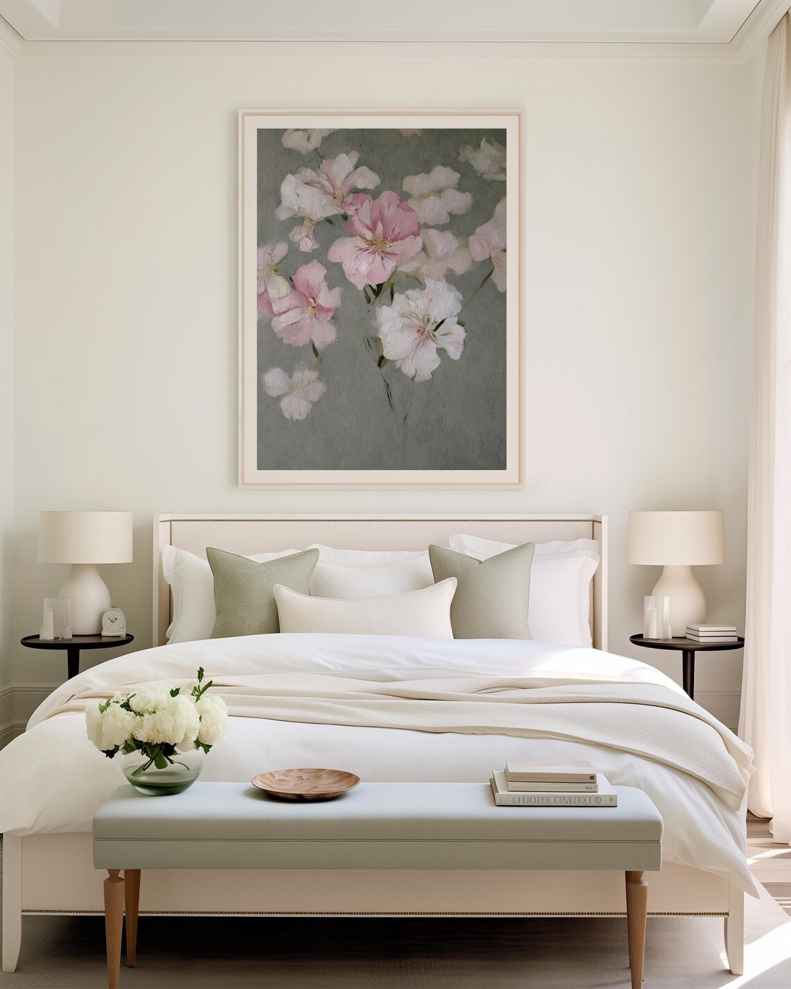 Pink And White Blossoms Watercolor Floral Painting Soft Gray Poster - Image 3
