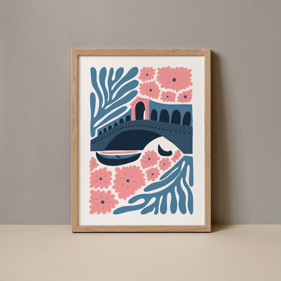 Venice Rialto Bridge Gondola Pink Floral Matisse Inspired Style Poster