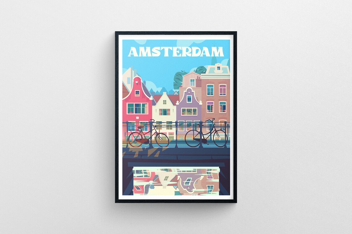 Amsterdam Netherlands Canal Houses Bikes Colorful Travel Poster - Image 6