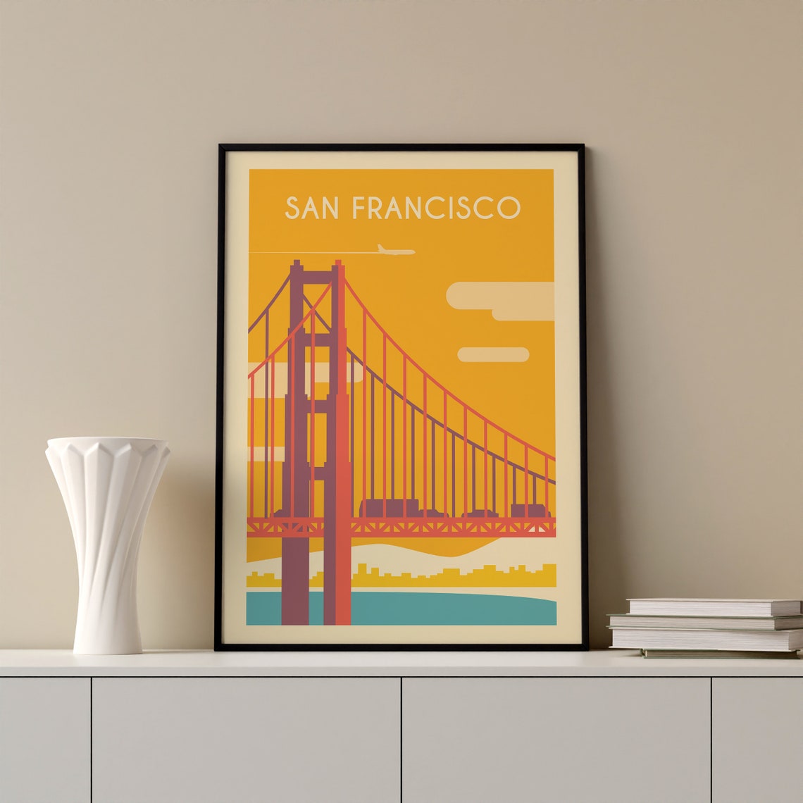 San Francisco Golden Gate Bridge Sunset Plane California Poster Art - Image 2