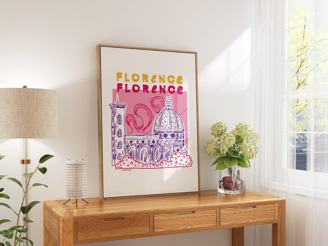 Florence Cathedral Italy Pink Hand Drawn Illustration Poster - Image 6