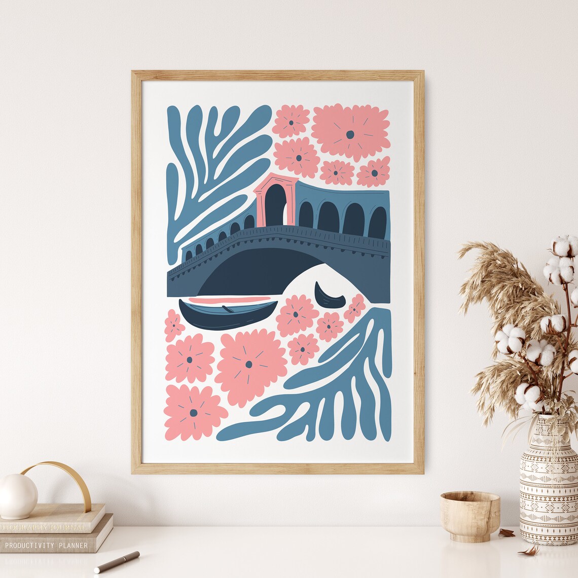 Venice Rialto Bridge Gondola Pink Floral Matisse Inspired Style Poster - Image 3