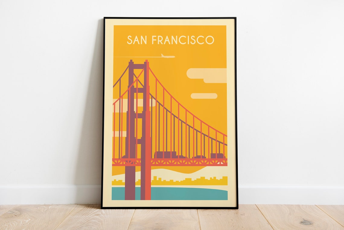 San Francisco Golden Gate Bridge Sunset Plane California Poster Art