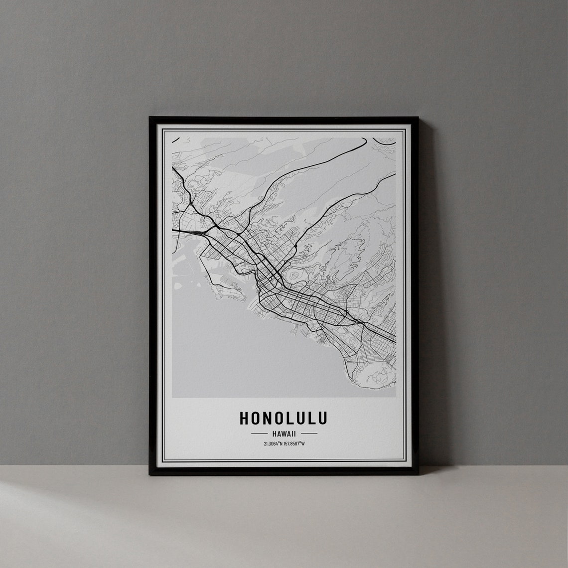 Honolulu Hawaii City Street Map Minimalist Black and White Poster