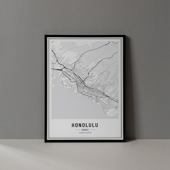 Honolulu Hawaii City Street Map Minimalist Black and White Poster