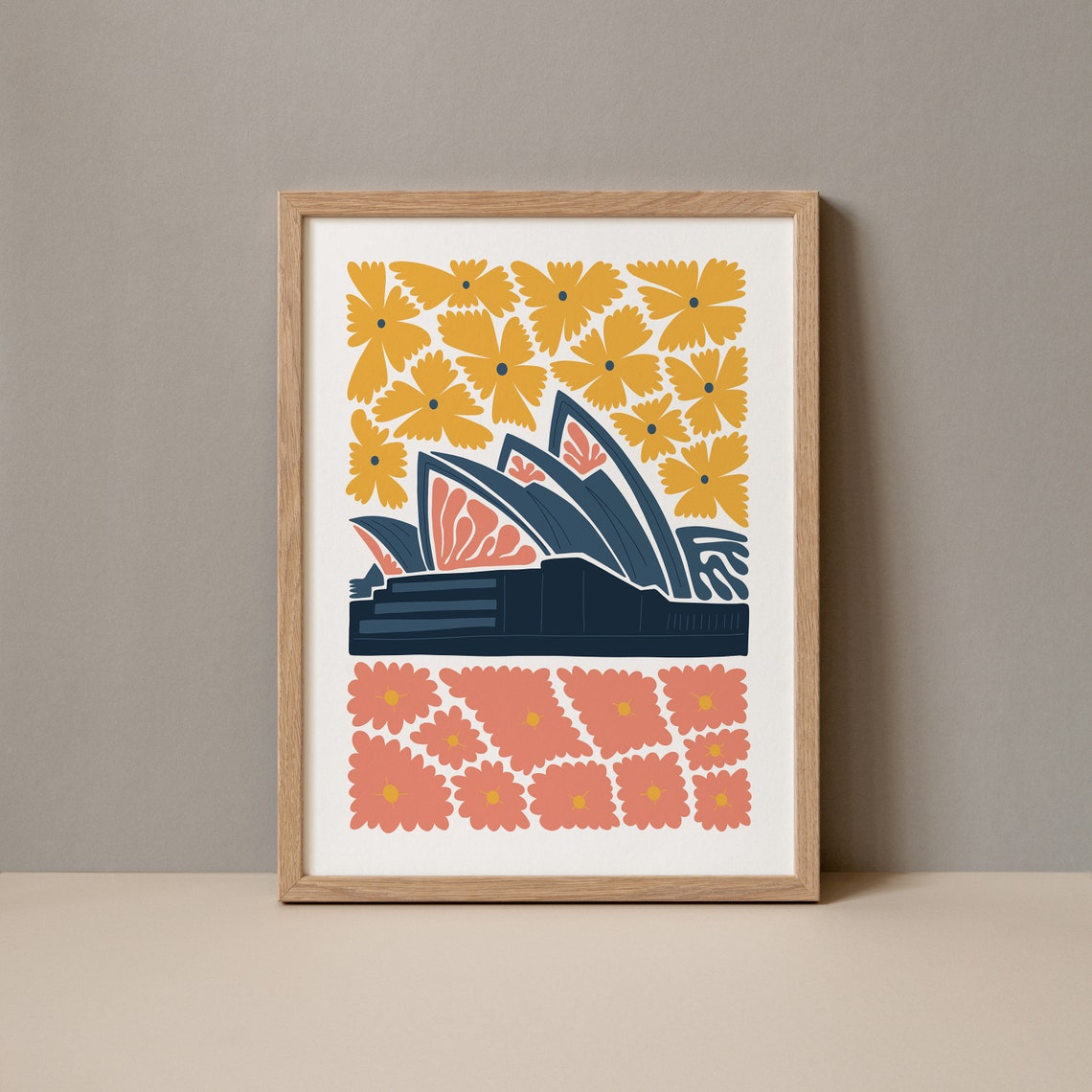 Sydney Opera House Australia Navy Floral Abstract Travel Art Poster