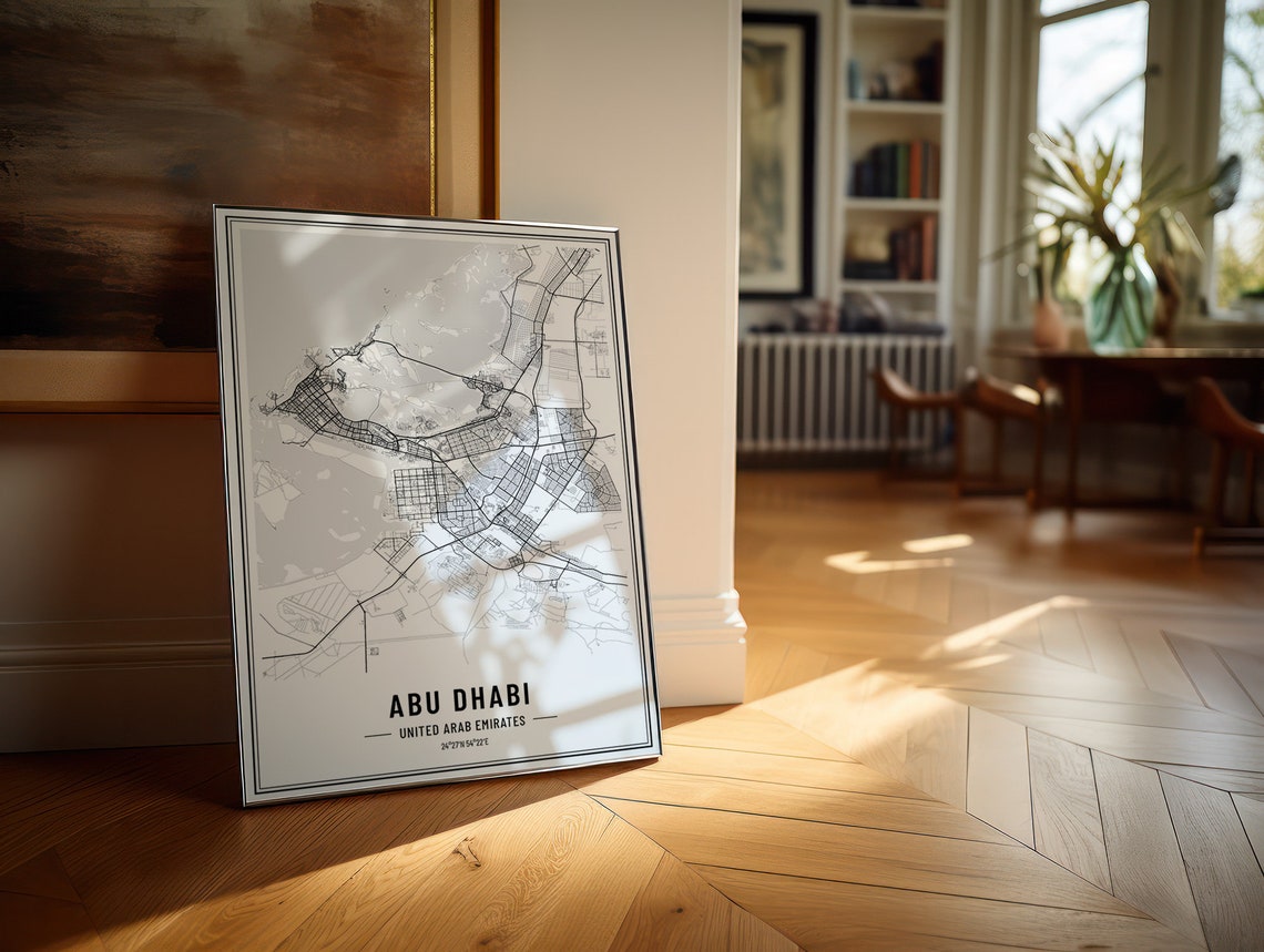 Abu Dhabi UAE Minimalist Black White City Street Map Art Poster - Image 5