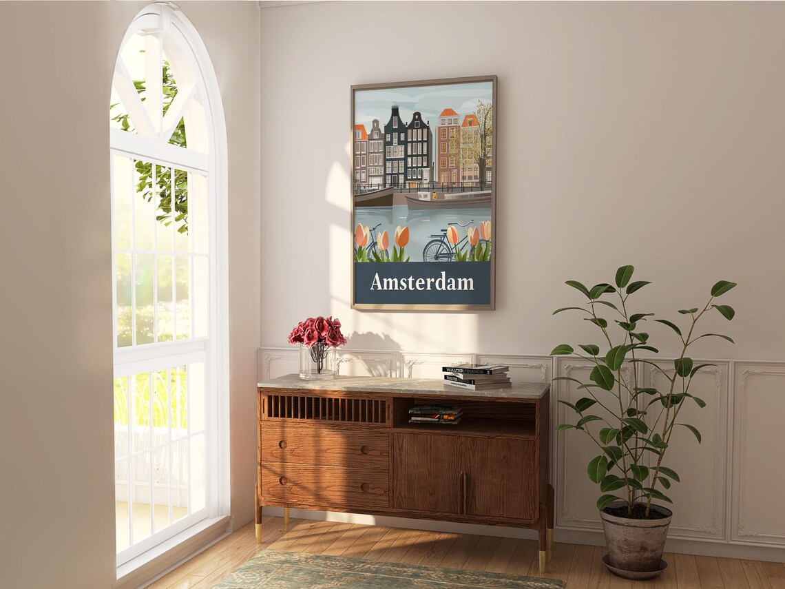 Amsterdam Netherlands Retro Travel Poster Canal Houses Tulips Art - Image 5