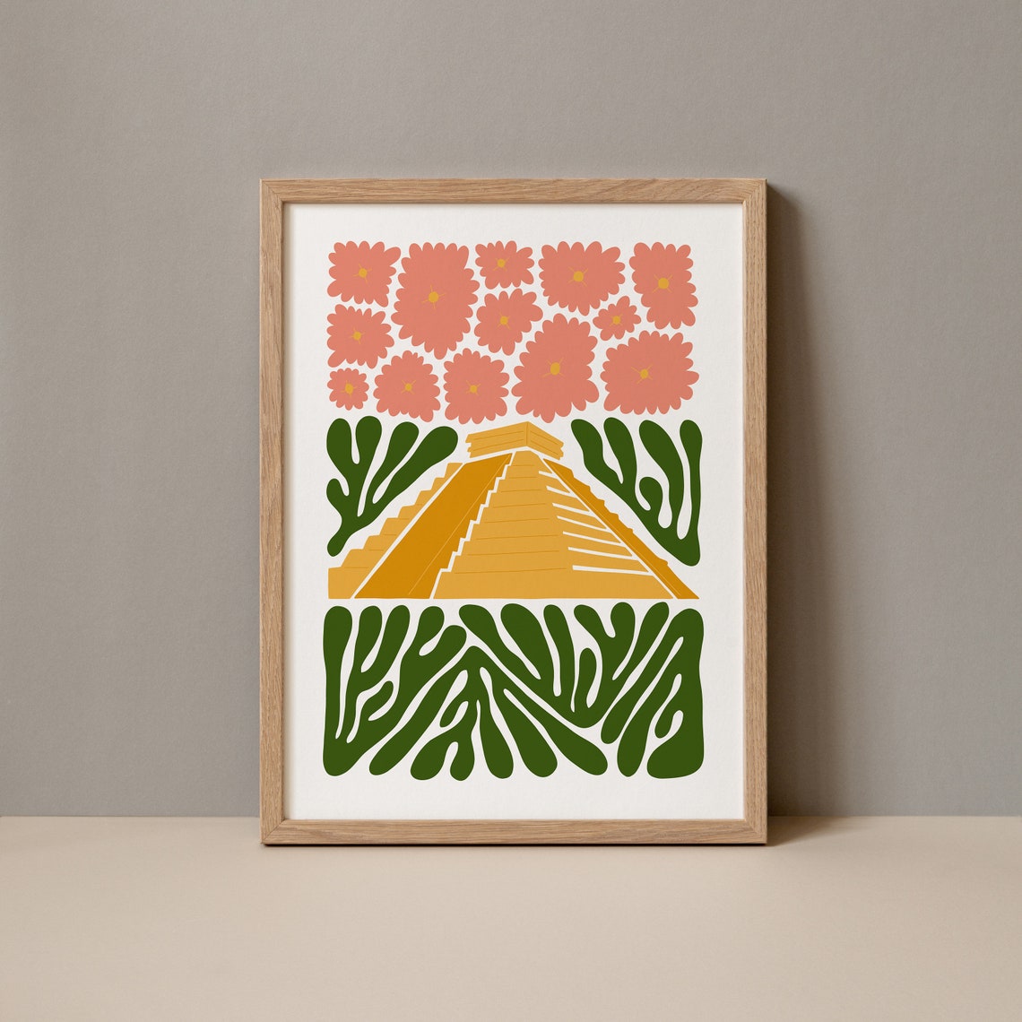 Chichen Itza Yucatan Mexico Mayan Pyramid Floral Travel Poster