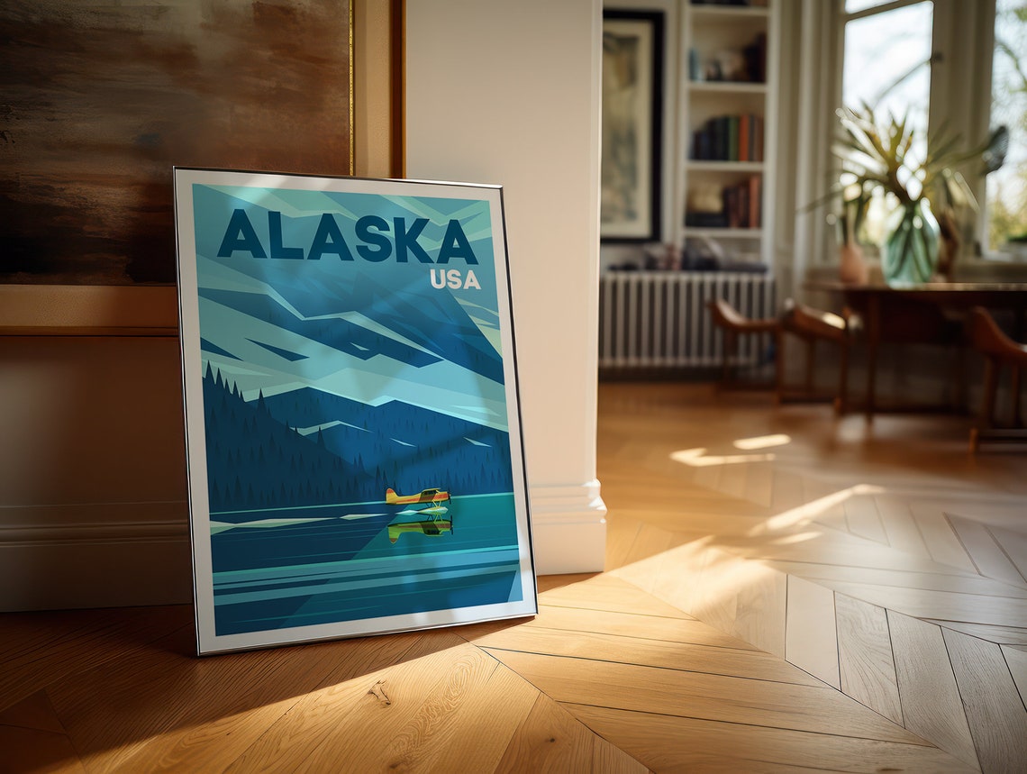Alaska USA Vintage Travel Poster Floatplane Lake Mountains Art - Image 5