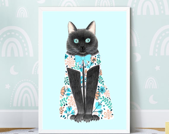 Black Cat Illustration Nursery Art Print