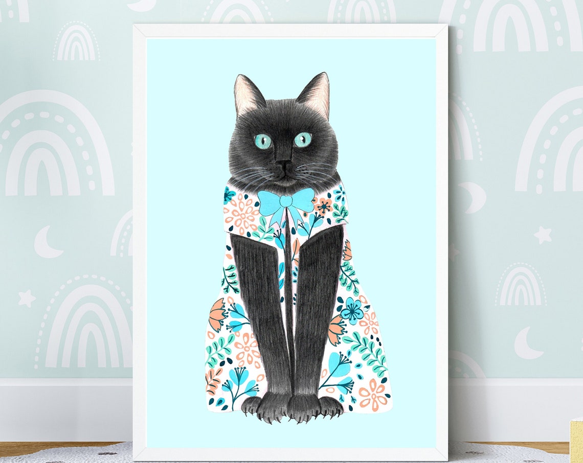 Black Cat Illustration Nursery Art Print