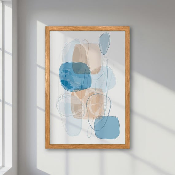 Framed Abstract Poster Blue And Beige Geometric Watercolor Print Modern Art In Soft Palette Minimalist Decor Elegant And Unique Gift