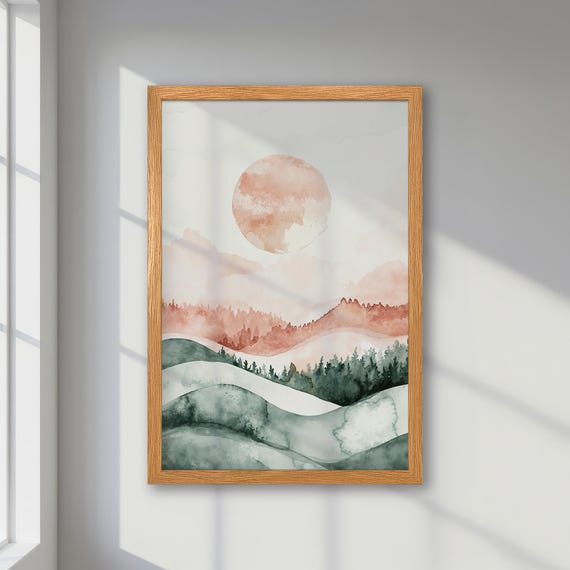 Pastel Pink And Green Watercolor Landscape Framed Abstract Poster Minimalist Style Print Mountains Sunset Art Calming Forest Wall Decor