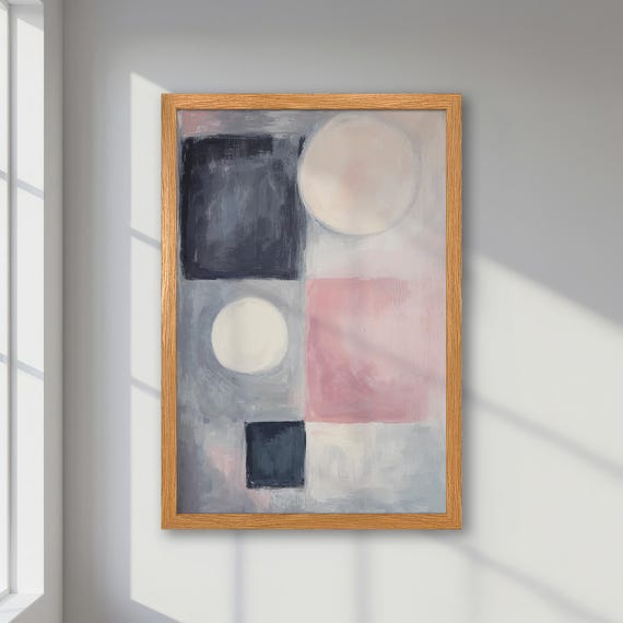 Modern Geometric Framed Abstract Poster Soft Pastel Grey And Pink Art Contemporary Print Minimalist Office Decor And Gift Idea
